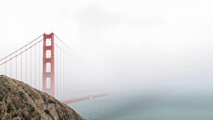 Foggy morning in San Francisco line art style with watercolor textures illustration