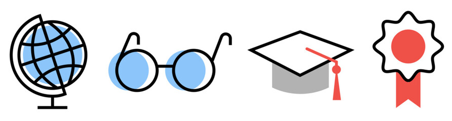 Set of Education objects icons: globe, eyeglasses, mortarboard and decorative seal with ribbons, on transparent background, flat line design, vector illustration