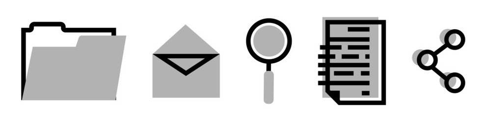 Set of IT objects icons: folder, mail, magnifier glass, document and share sign, on transparent background, flat line design, vector illustration