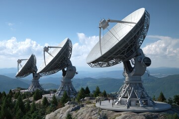 A satellite dish array installed on a remote mountain, under a clear blue sky.
