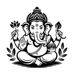 Ganesha drawing depicting lord Ganeshas majestic form in black and white. Suitable for backgrounds, prints, decorations, and cultural designs.