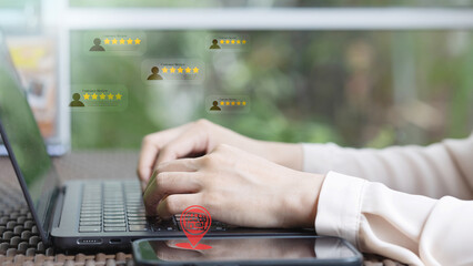 Customer giving five star rating and positive feedback on digital platform. A professional...