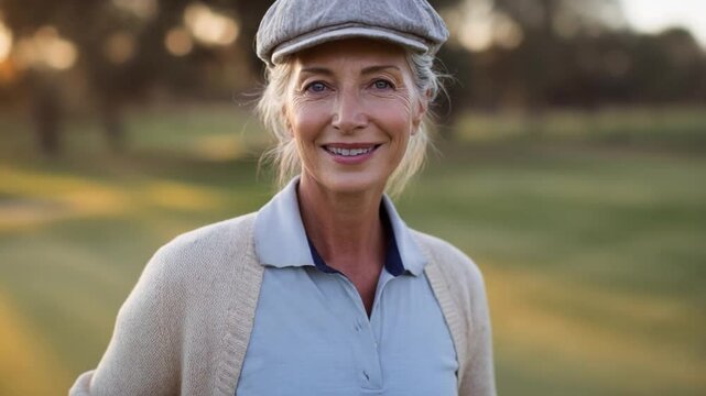 Portrait of a confident 60s senior woman on a golf course at golden hour. Stylishly dressed ivy cap with a warm smile and relaxed posture, ready to play. Soft sunset light, serene setting. - Powered by Adobe