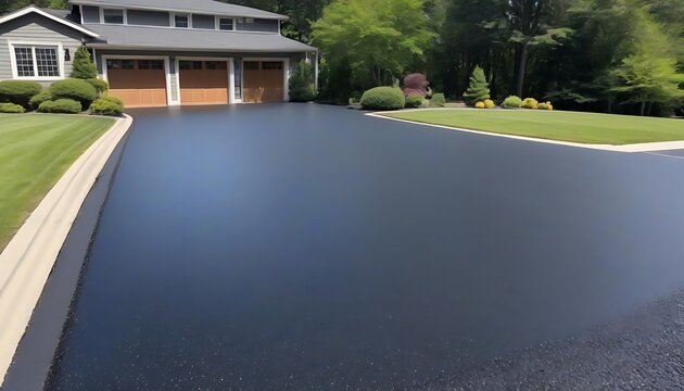Freshly applied black sealcoat shines on a newly restored asphalt driveway, highlighting clean edges and subtle texture, created with generative ai