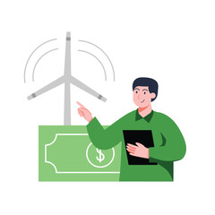 Person Pointing at Wind Turbine Behind Green Dollar Money Saving Concept