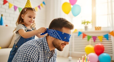 Father daughter birthday party celebration blindfolded dad happy family event at home fun and games together father's day