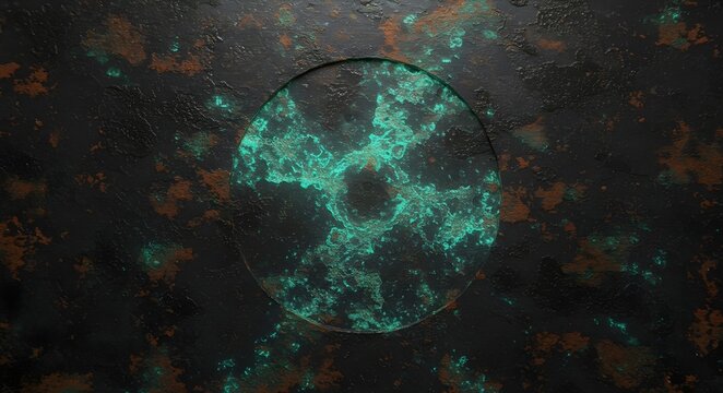 radiation hazard symbol on grunge background, Aqua Green Nebula-like Sphere on Grungy Metal Texture - Powered by Adobe