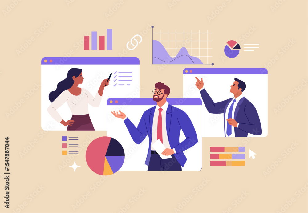 Poster Online Business Analytics Concept. Vector illustration of diverse people in web page windows discussing statistical graphs. Isolated on background.