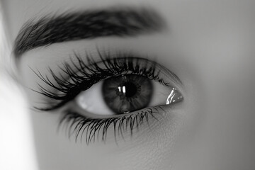 Fototapeta premium Intricate Close-Up of a Woman’s Eye, Focusing on Her Long Lashes and Detailed Iris, Enhanced by Soft, Natural Lighting for a Beautiful Effect.