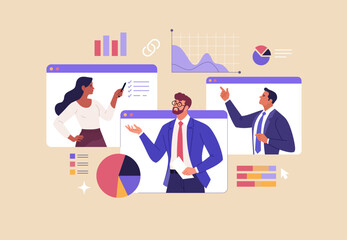 Online Business Analytics Concept. Vector illustration of diverse people in web page windows discussing statistical graphs. Isolated on background.