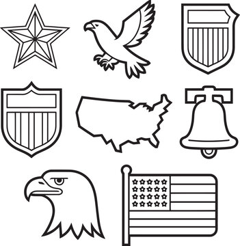 Black And White Line Art Illustrations Of American Patriotic Symbols Eagle Star Bell Shield Flag U S Amap