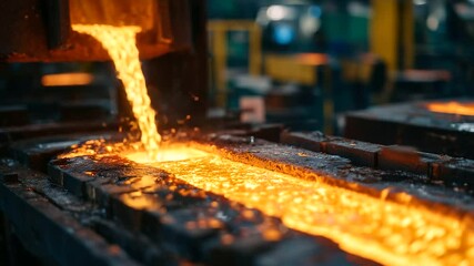 Dramatic side view of molten gold stream lighting up the dark metal shop with vivid orange and yellow glow as it hits the mold cavity - Powered by Adobe
