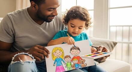 Father and child drawing family portrait together art activity parenting and childhood development at home father's day