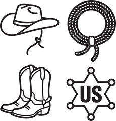 Black And White Silhouette Icons Set Cowboy Hat Boots Rope U S Badge vector 1