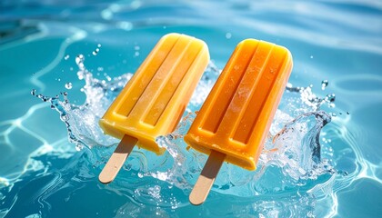 Orange And Yellow Popsicles Splashing In Blue Water