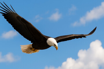 An eagle facing downwards flying in the sky flapping its wings with a view of the clear sky