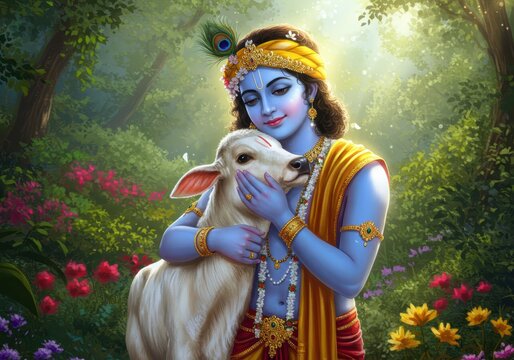 Jungle Scene Janmashtami Poster of Krishna Embracing cow | Devotional Friendship Art

