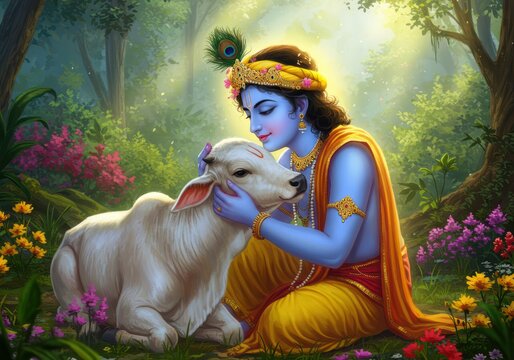 Jungle Scene Janmashtami Poster of Krishna Embracing cow | Devotional Friendship Art

