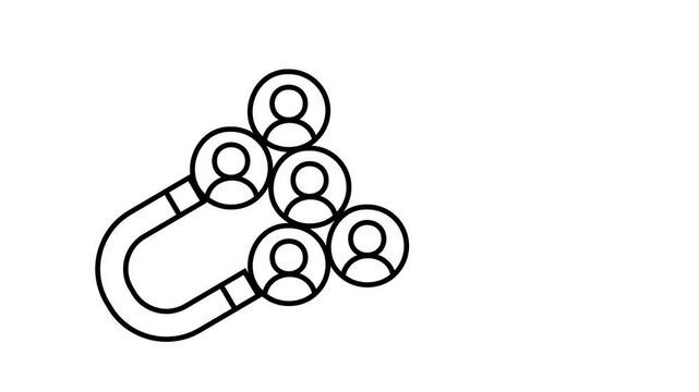 Social media attraction icon animation showing a magnet drawing multiple users, representing the concept of social media engagement. Black line icon isolated on white background.