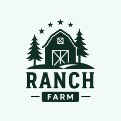 Ranch Farm Logo with Barn and Pine Trees