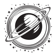 Black and white sketch illustration of a planet with rings resembling Saturn in space