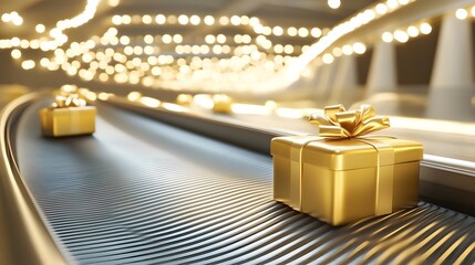 Gift, Present, Box, Golden Gift Boxes on Conveyor Belt with Bokeh Lights