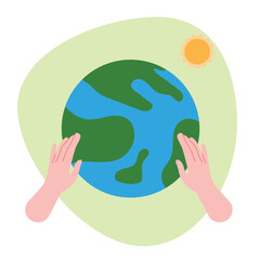 Illustrated Earth Globe with Human Hands and Sun on Green Background
