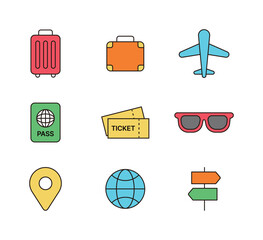 Set of simple and minimal icons of travel concept. Carrier, Airplane, Bag, Passport, Visa, Air ticket, Sunglasses, Global, Location, Signs icons.