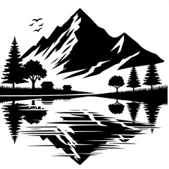 Black and White Vector of a Lake Reflection Scene