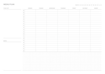 A weekly plan design template in a modern, simple, and minimalist style. Note, scheduler, diary, calendar, planner document template illustration.