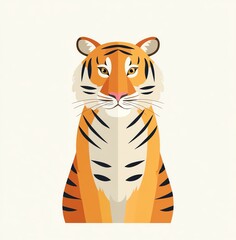 Striking Tiger Portrait Minimalist Design, Bold Orange and Black Stripes, Serene Expression, Simple Background.