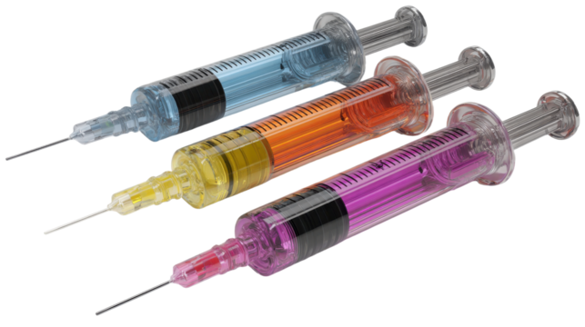 Three syringes of different colors are lined up. transparent background