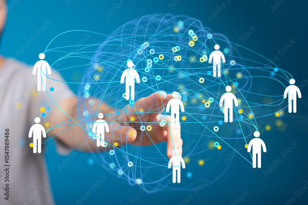 Poster hand interacting with a digital network, showcasing global connections and communication.
