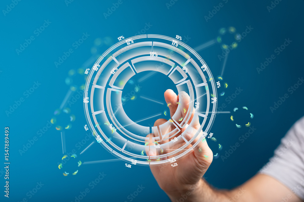 Poster hand interacting with a futuristic data visualization dashboard. perfect for tech, analytics, and bu