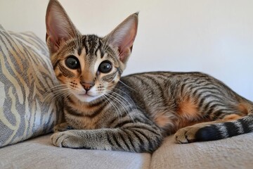 A frightened cat with big black eyes is lying on the couch. She shrank and was afraid to shake with fear. , isolated on white background,  , copy space, copy space for text,