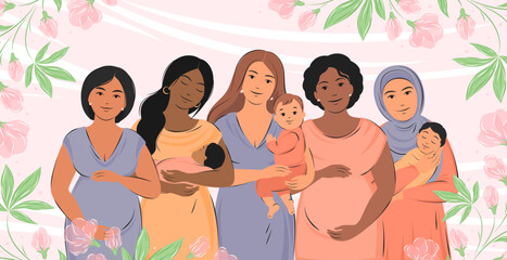 Group of pregnant women and women with children. World Breastfeeding Week. Banner about pregnancy, breastfeeding and motherhood. Vector illustration.