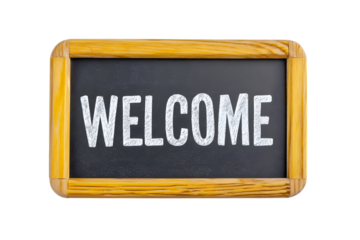word "welcome" - white chalk handwriting on small school wooden blackboard. Ai Generated Images