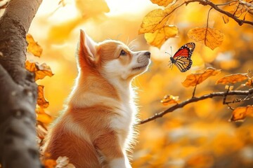 beautiful red dog puppy Corgi fun catches a butterfly flying on a Sunny warm summer meadow , isolated on white background,  , copy space, copy space for text,