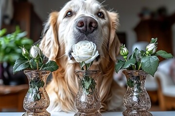 beautiful retriever dog holding a white rose in mouth, top view portrait outdoors , isolated on white background,  , copy space, copy space for text,