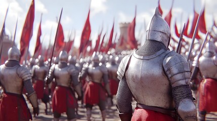 Medieval, Army, Knights, Medieval Army Marching Towards Battle