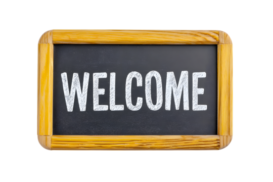word "welcome" - white chalk handwriting on small school wooden blackboard. Ai Generated Images