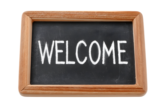 word "welcome" - white chalk handwriting on small school wooden blackboard. Ai Generated Images