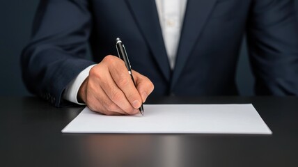 environmental policy climate change regulation. A hand writing on blank paper with a pen on a dark table.