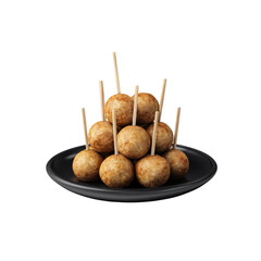 Fish balls on skewers placed on a smooth black plate