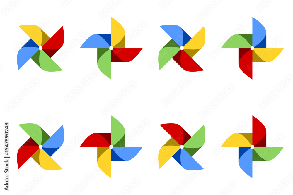 Poster 8-frame sprite sheet of colorful pinwheel whirligig or spinning windmill with different rotation pha