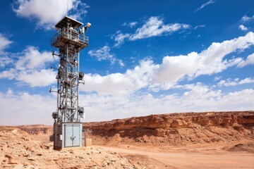 A large signal tower standing tall in a desert landscape, powered by solar energy. The tower is surrounded by vast sandy dunes under a clear blue sky.