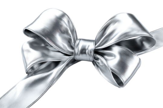 Silver ribbon bow is displayed on a white background. transparent background