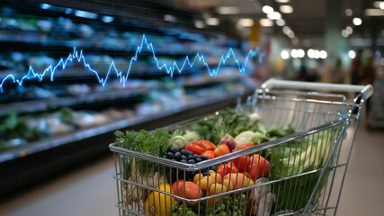 Fresh fruits and vegetables arranged aesthetically in a supermarket cart, contrasted against a transparent inflation graph projected onto the store shelves, highlighting economic c - Powered by Adobe