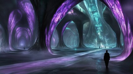 Spaceship interior. View on open space or planet. Futuristic sci-fi laboratory or corridor with neon light.