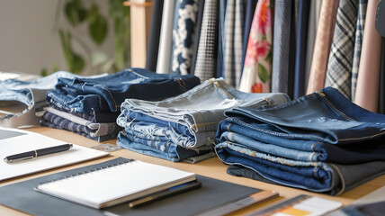 A photo of a close-up view of a designer's desk with various denim and fabric samples.